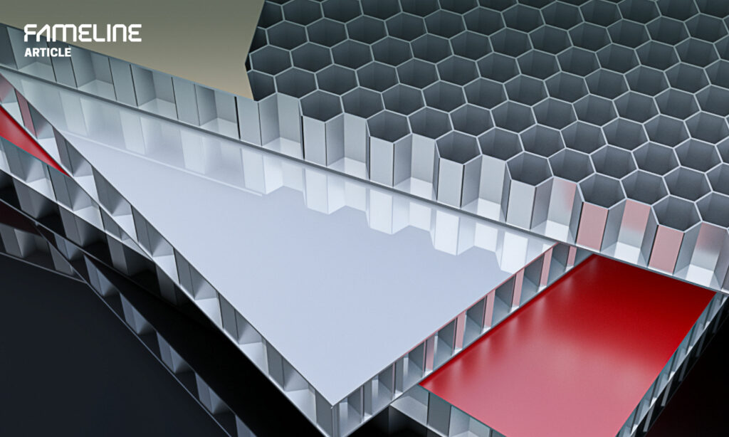 Cross-sectional view of an advanced aluminum honeycomb panel structure, showcasing lightweight yet strong building material for modern architecture and aerospace engineering, with a detailed honeycomb core design for enhanced rigidity and energy efficiency.