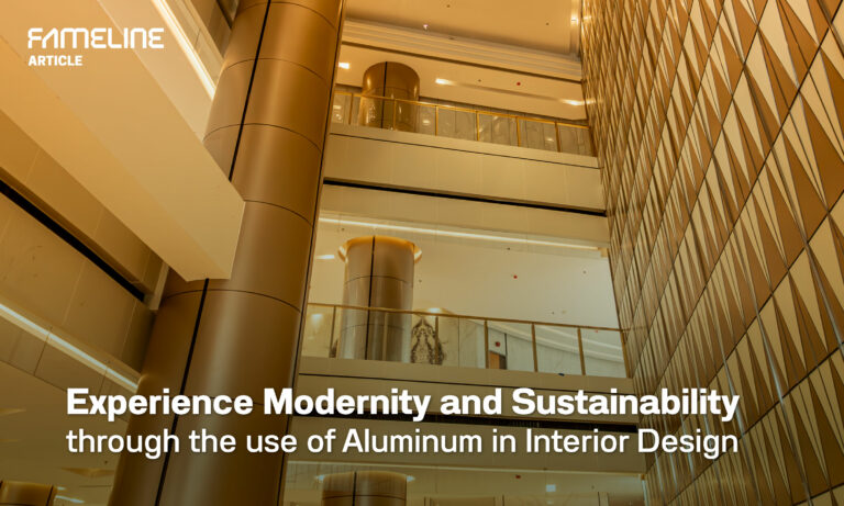 Interior design of a modern building lobby featuring aluminum architectural elements for a sleek, sustainable design aesthetic, highlighted in a FAMELINE about the innovative use of aluminum in interior design for eco-friendly and contemporary spaces.