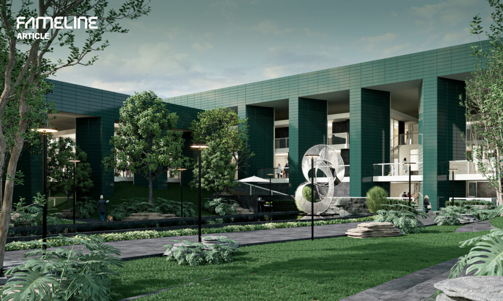 The image displays a contemporary building with a facade clad in green terracotta tiles, beautifully blending the structure with the surrounding lush greenery. The design emphasizes sustainability and integration with nature, featuring green terracotta as a key element that enhances the building's aesthetic while supporting eco-friendly architectural practices.