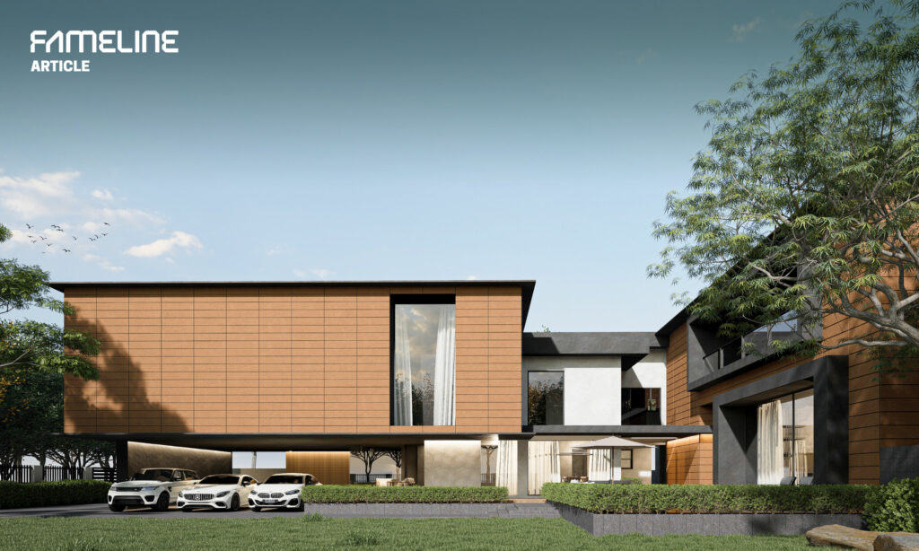 The image showcases a modern residential architecture featuring terracotta cladding on the exterior. The design integrates terracotta panels to create a warm, inviting aesthetic, blending beautifully with the natural landscape surrounding the building. This approach not only enhances the visual appeal but also utilizes terracotta's excellent sustainable properties, contributing to the building's energy efficiency and ecological footprint.