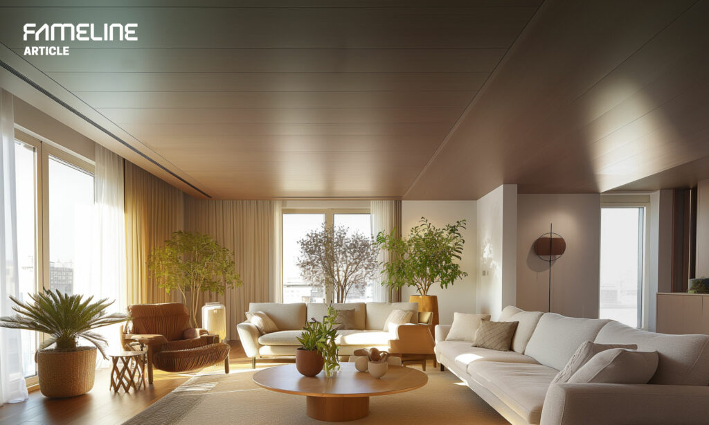 The image depicts a modern, sunlit living room featuring a ceiling made from WPC (Wood Plastic Composite) derived from bamboo fiber. The room is elegantly furnished with contemporary sofas, wooden furniture, and a variety of potted plants, creating a serene and natural atmosphere. The bamboo fiber ceiling adds a warm, organic texture to the space, enhancing both its aesthetic and sustainability. This setup exemplifies a harmony between modern design and eco-friendly materials.
